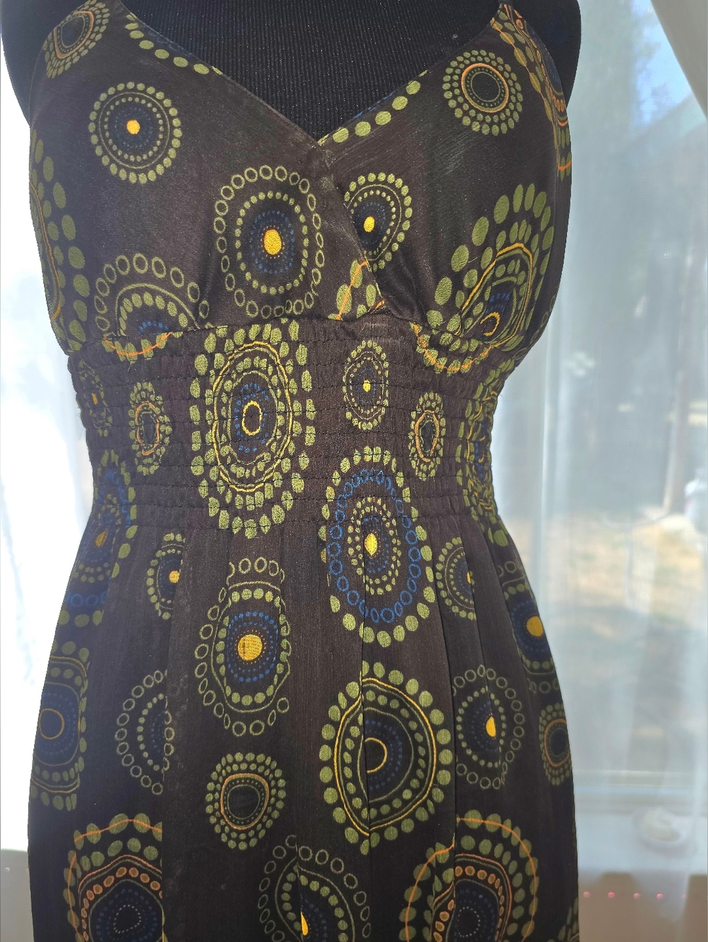 Brown Patterned Maxi Sun Dress with Green and Blue Accents S